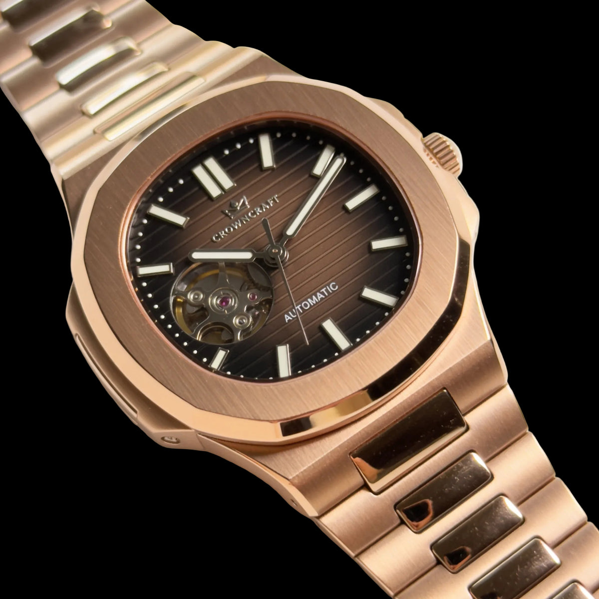 CrownCraft ROADSTER skeleton dial showing NH38A movement