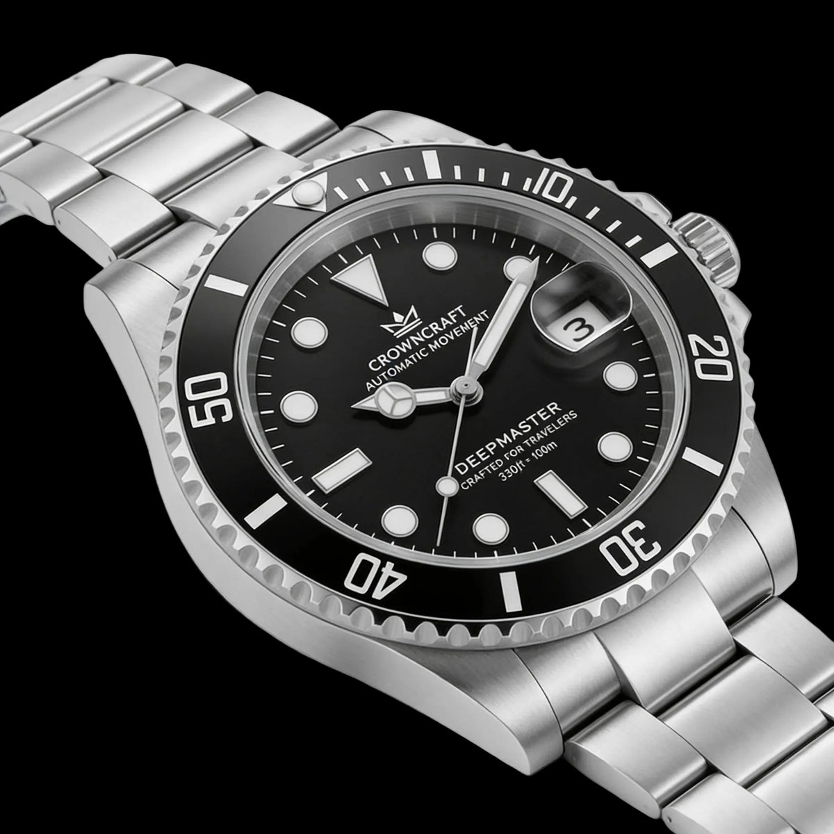CrownCraft DEEPMASTER diver watch dial and hands detail