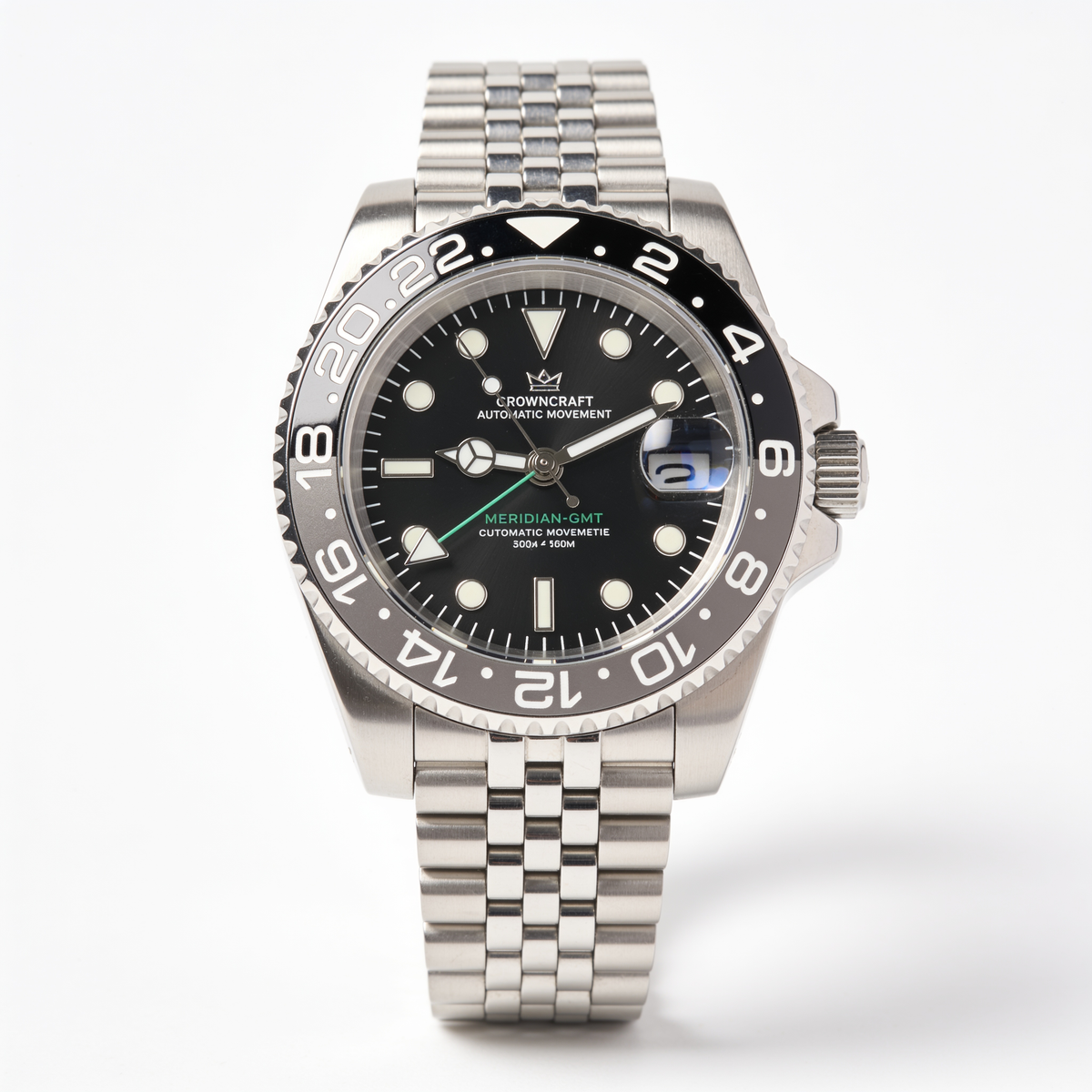 CrownCraft MERIDIAN-GMT automatic GMT watch with blue-red ceramic bezel