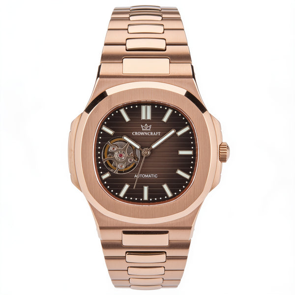 CrownCraft ROADSTER open heart automatic watch with rose gold finish