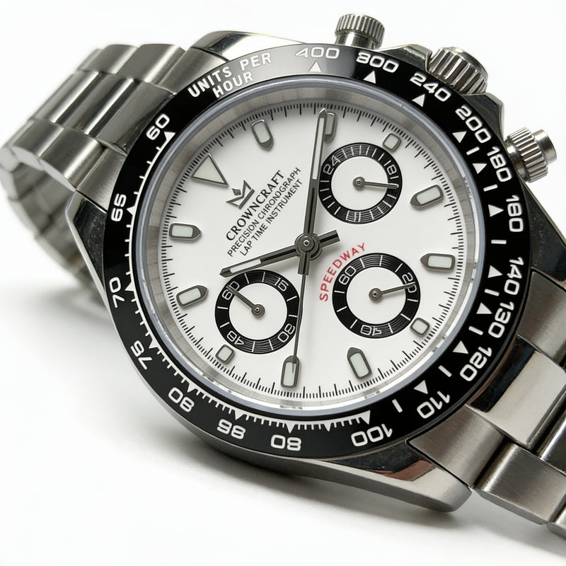 CrownCraft SPEEDWAY tachymeter ceramic bezel detail