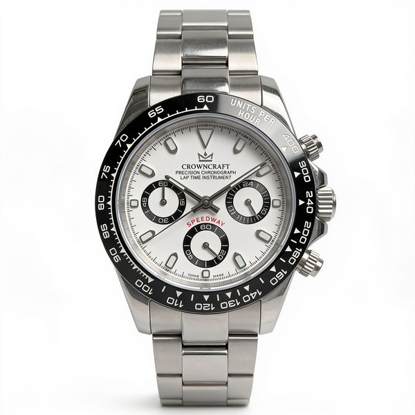 CrownCraft SPEEDWAY chronograph watch with VK63 movement and panda dial
