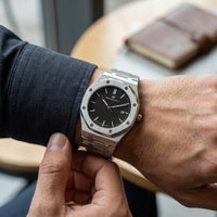 CrownCraft OCTANE quartz watch worn with shirt cuff, lifestyle shot