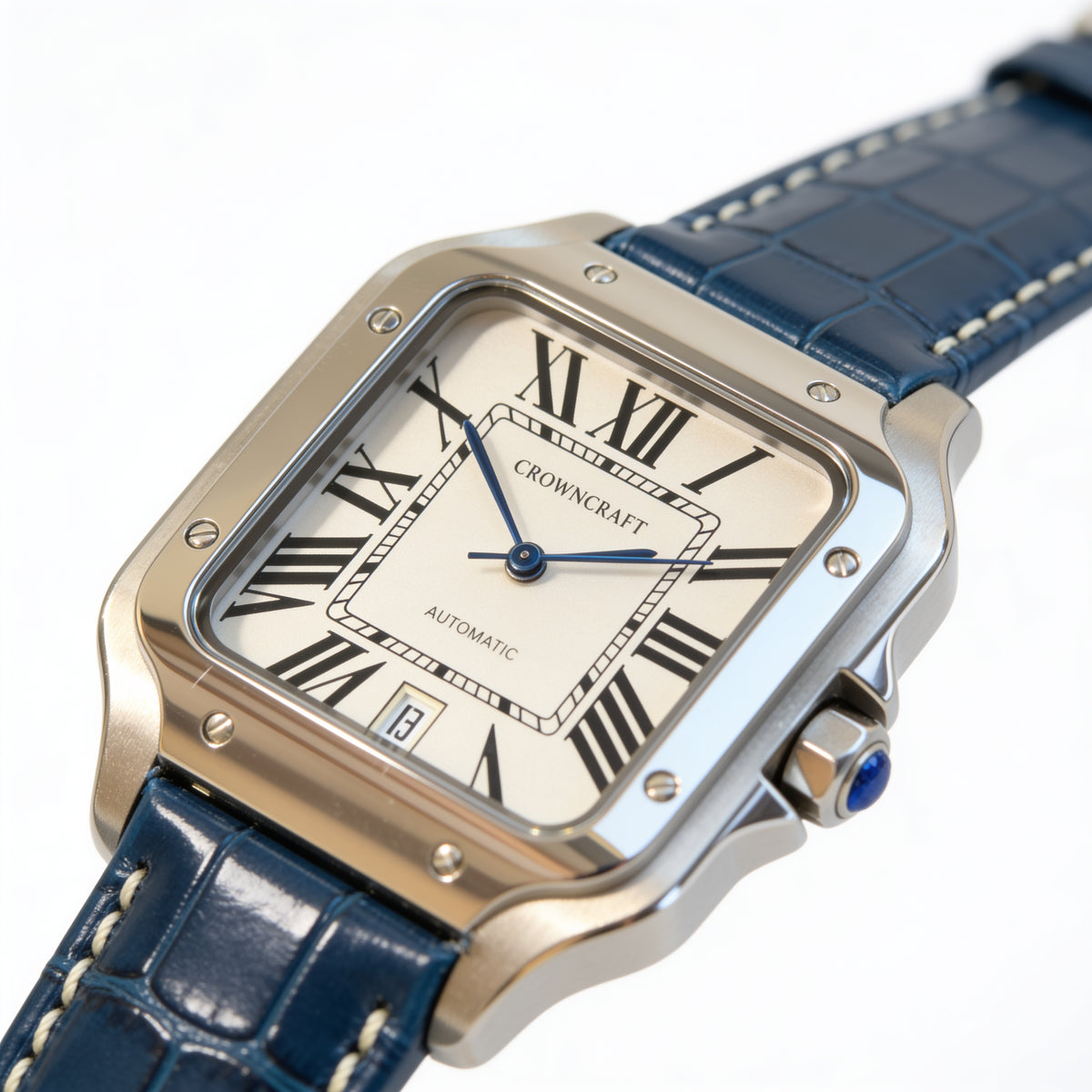 CrownCraft BELMONT correa de piel de cocodrilo azul marino - detalle del dial